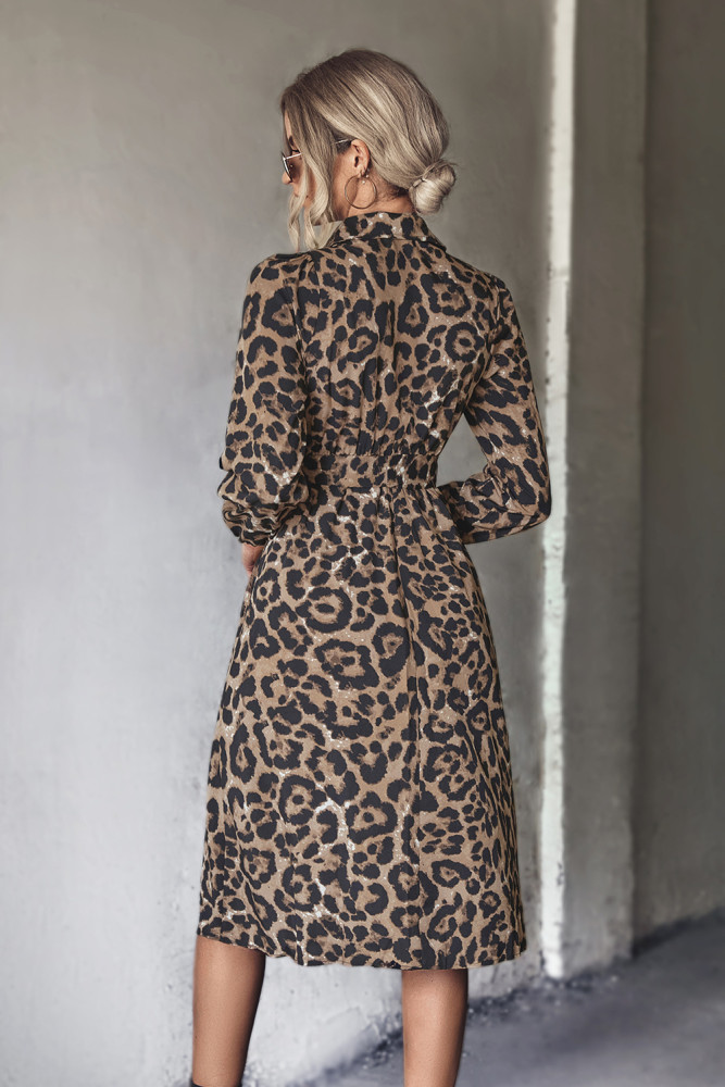 Classic Sexy Leopard Print Long Sleeve Slit V Neck Midi Dresses