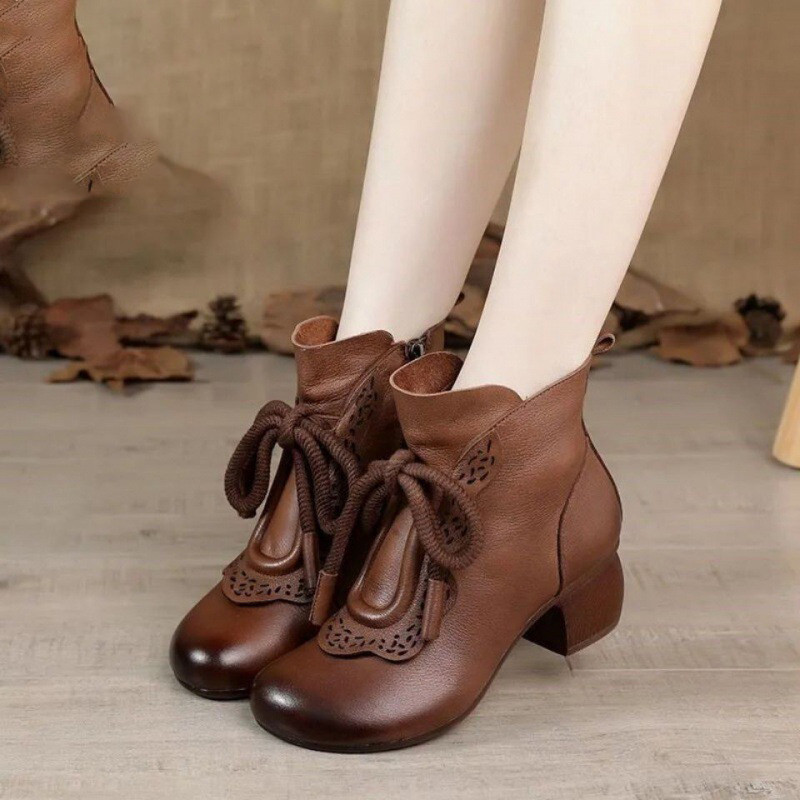 Leather Thick Middle Heel Lace-Up Ethnic Vintage Ankle Boots