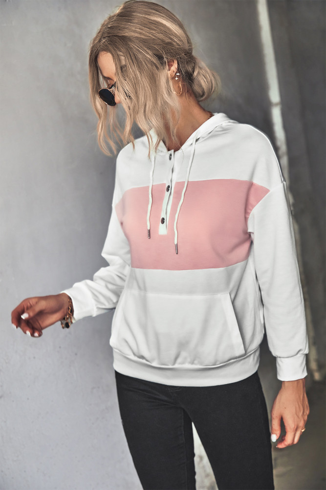 Classic Colorblock Button Hooded Panel Casual Hoodies & Sweatshirts