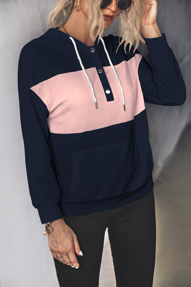 Classic Colorblock Button Hooded Panel Casual Hoodies & Sweatshirts