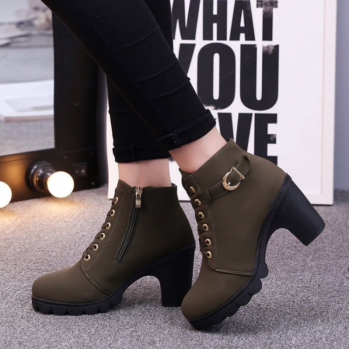 Low Bar Chunky Heel Solid Lace-Up Leather Ankle Boots