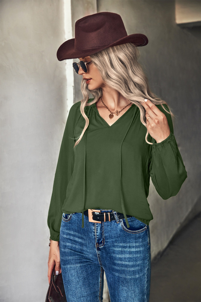 Elegant Solid V-Neck Long Sleeves Loose Blouses & Shirts