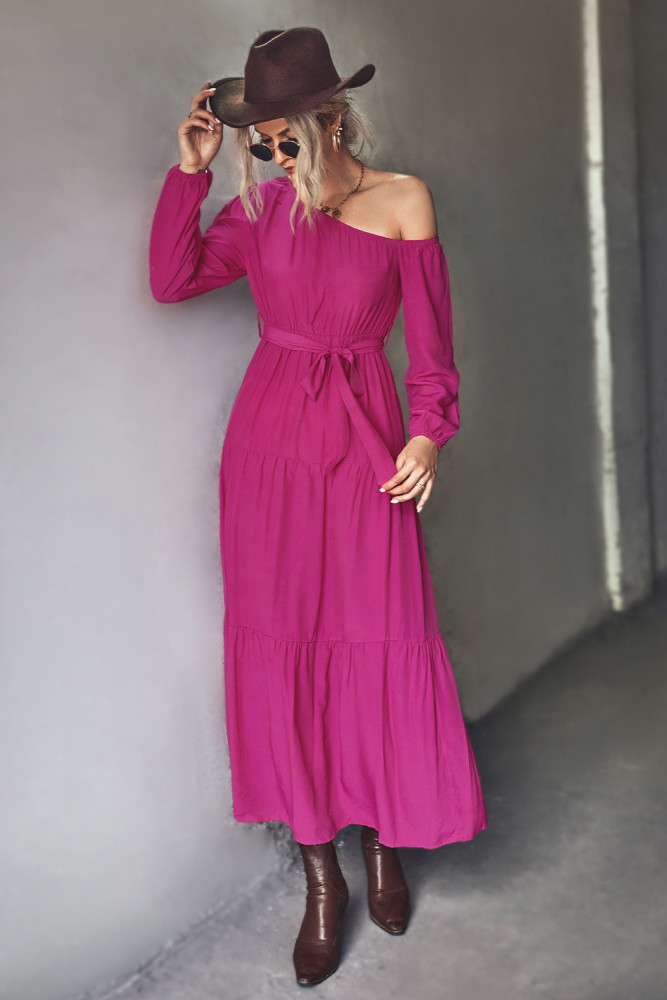 Sexy One Shoulder Waist Tie Long Sleeve Solid Maxi Dresses