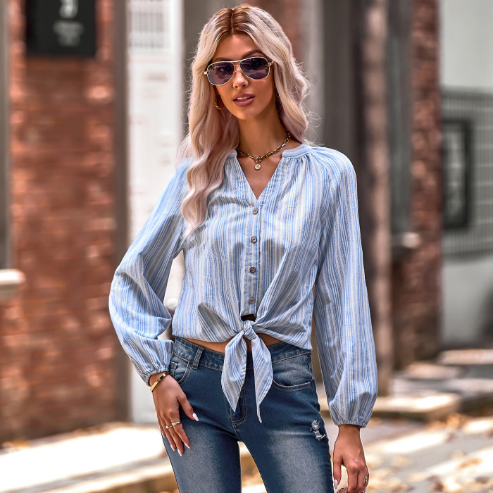 Striped Fashion Knotted Slim Fit V-Neck Blouses & Shirts