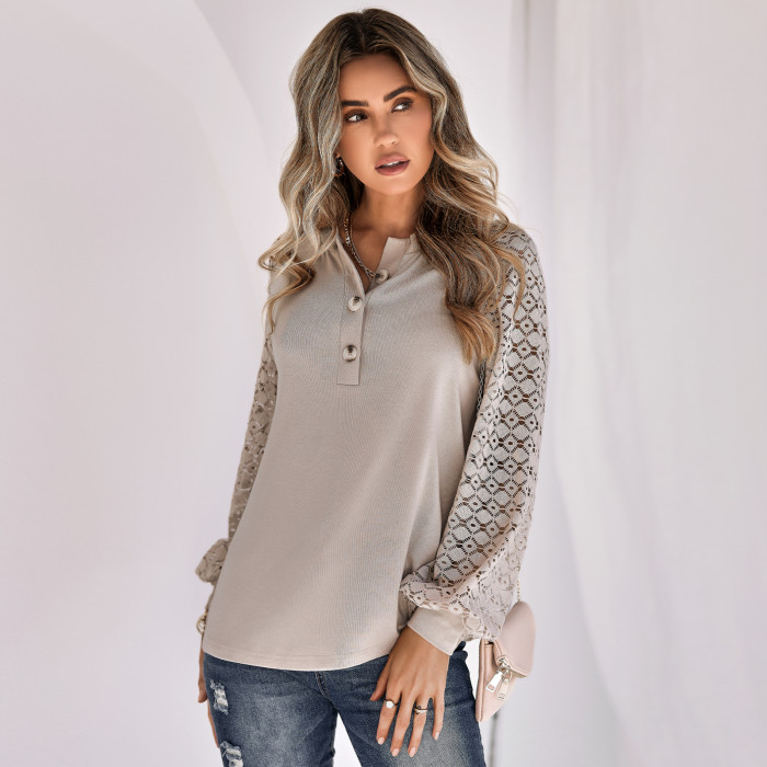 Long Sleeve Pullover Casual Lace Button Solid Blouses & Shirts