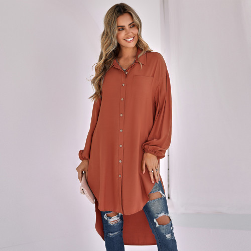 Solid Color Long Lapel Fashion Loose Single Breasted Blouses & Shirts