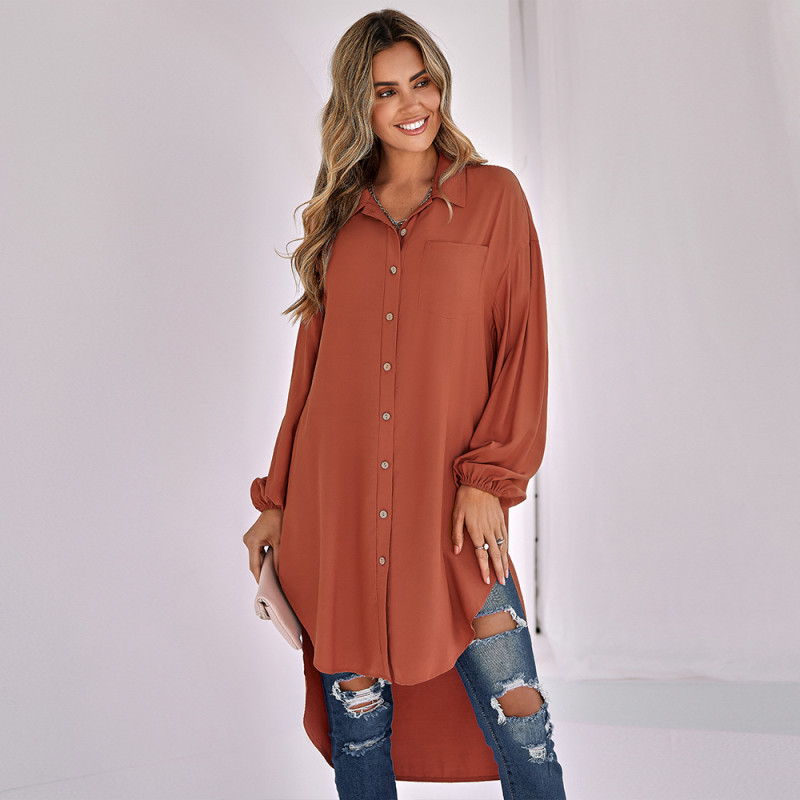 Solid Color Long Lapel Fashion Loose Single Breasted Blouses & Shirts