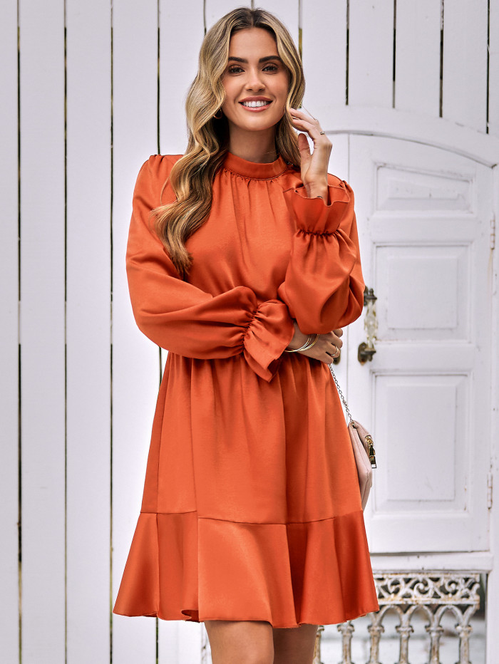 Solid Casual Turtleneck Halter Solid Flared Sleeve Casual Dresses