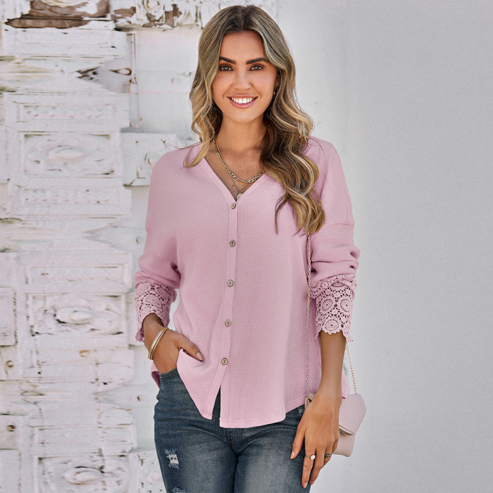 Casual Fashion V Neck Single Breasted Solid Lapel Blouses & Shirts