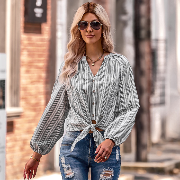 Striped Fashion Knotted Slim Fit V-Neck Blouses & Shirts