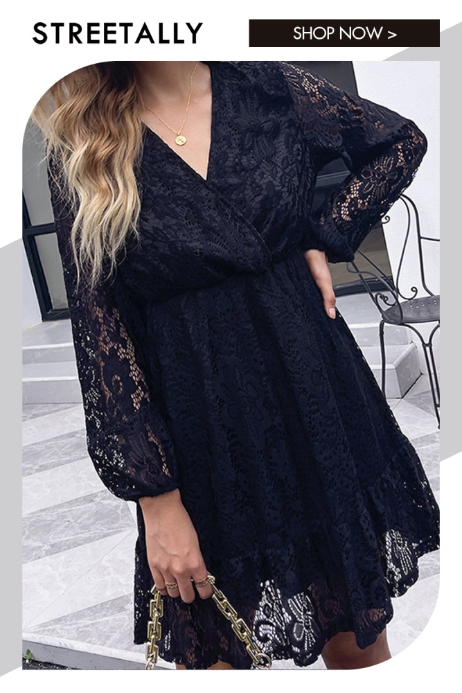 Black High Waist Long Sleeve V Neck Lace Casual Dresses