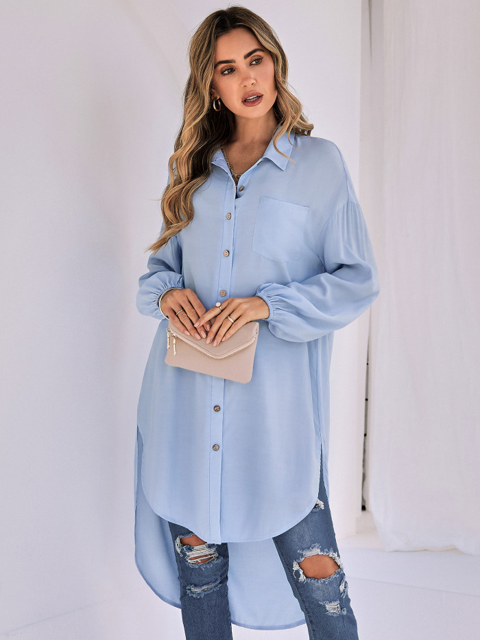 Solid Color Long Lapel Fashion Loose Single Breasted Blouses & Shirts