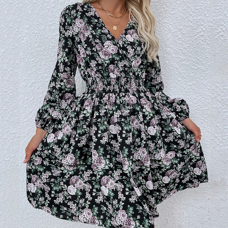 Floral Puff Sleeve V-Neck Elegant Waist Casual Dresses