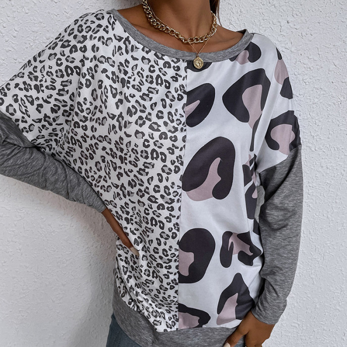 Leopard Print Base Casual Long Sleeve Round Neck T-Shirts
