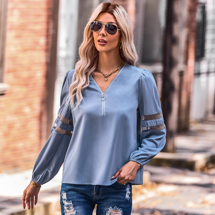 Solid Color Fashion Cutout V-Neck Pullover Blouses & Shirts