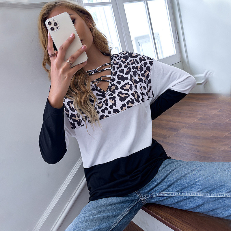 Leopard Print Black and White Patchwork V-Neck Loose Long Sleeve T-Shirts