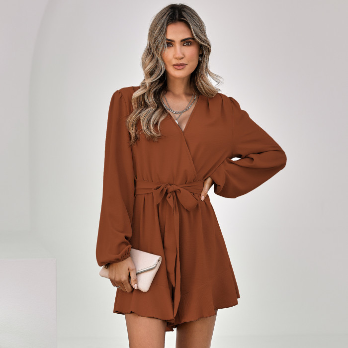 V-Neck Long Sleeves Fashion Solid Color Ruffle Rompers
