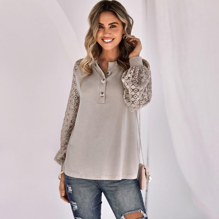 Long Sleeve Pullover Casual Lace Button Solid Blouses & Shirts