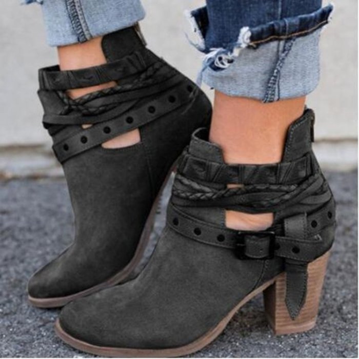 Suede Chunky Heel Round Toe Fashion Belt Buckle Ankle Boots