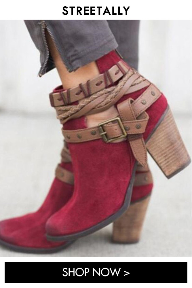 Suede Chunky Heel Round Toe Fashion Belt Buckle Ankle Boots