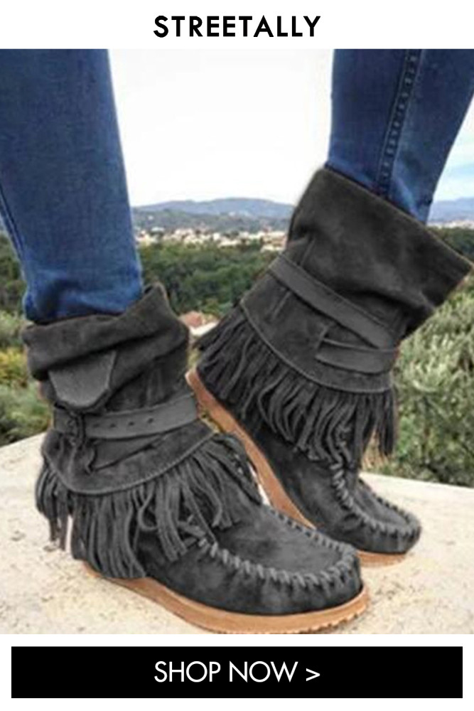 Flat Sleeve Plus Size Leather Fringe Solid Ankle Boots
