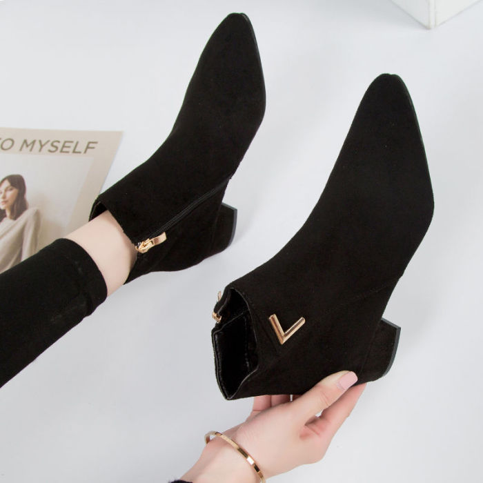 Pointed Toe Chunky Heel Suede Solid Side Zip Ankle Boots
