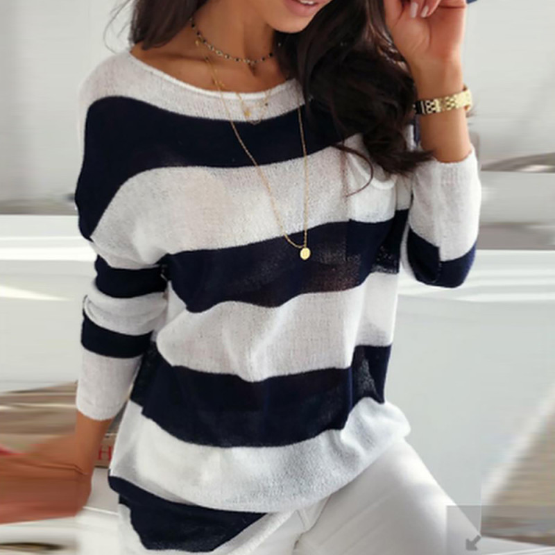 Black and White Striped Long Sleeve Crew Neck Distressed Sweaters & Cardigans