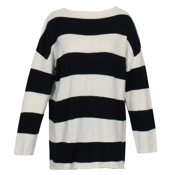 Black and White Striped Long Sleeve Crew Neck Distressed Sweaters & Cardigans