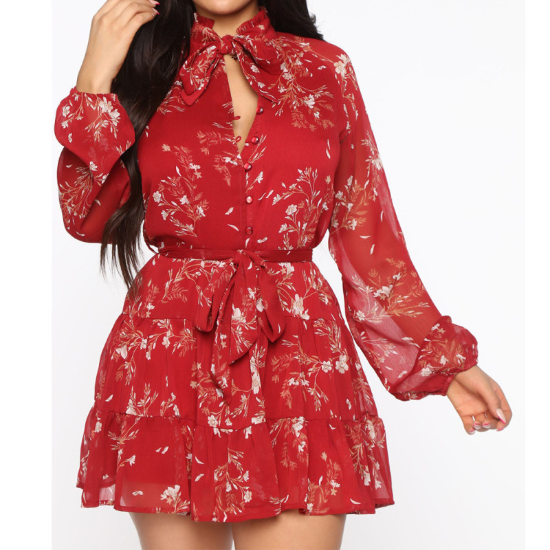 Floral Sexy Cutout Short Sleeve Tie Mid Waist Half Open Collar Mini Dresses