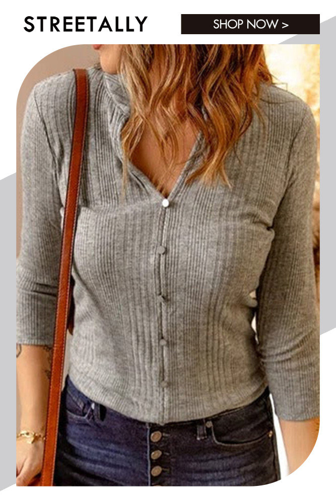 Solid Long Sleeve Button V-Neck Pullover Sweaters & Cardigans