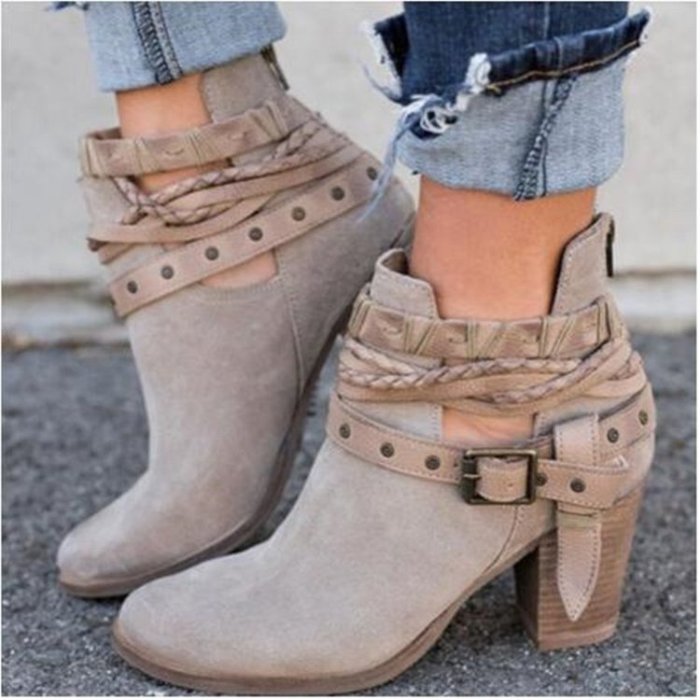 Suede Chunky Heel Round Toe Fashion Belt Buckle Ankle Boots