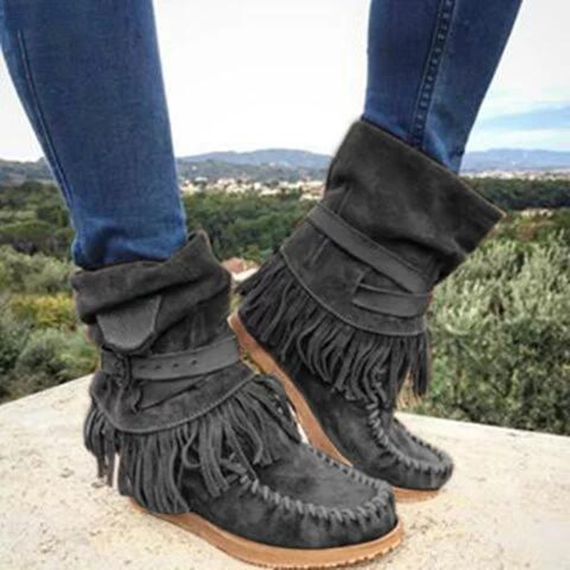 Flat Sleeve Plus Size Leather Fringe Solid Ankle Boots