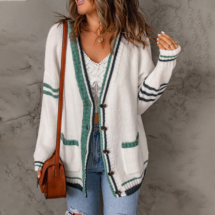 Long Sleeve Colorblock Fashion Single Breasted Stripe Sweaters & Cardigans