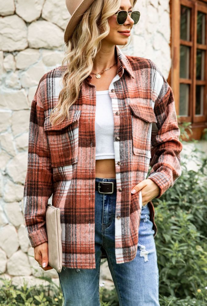 Lapel Check Long Sleeve Casual Single Breasted Blouses & Shirts