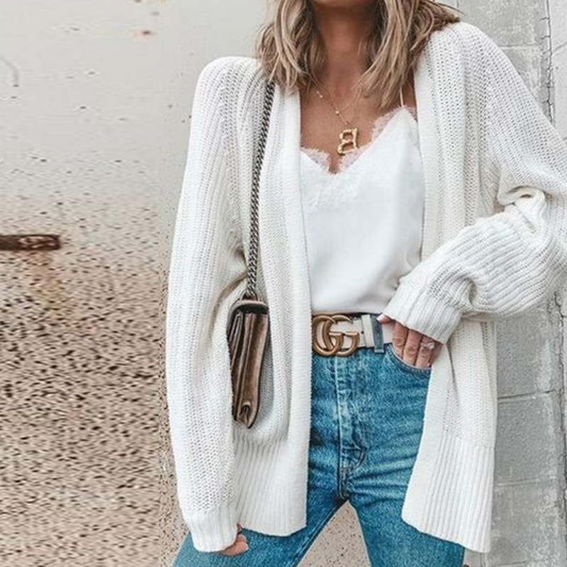 White Cutout Long Sleeves Half Open Collar Distressed Sweaters & Cardigans