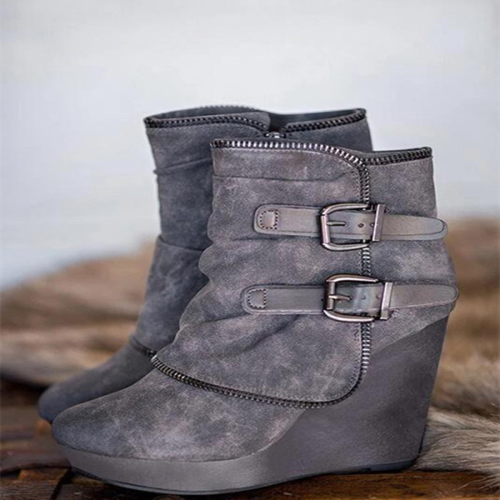 Wedge Plus Size Fashion Belt Buckle Round Toe Ankle Boots