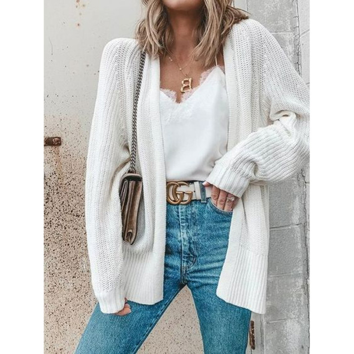White Cutout Long Sleeves Half Open Collar Distressed Sweaters & Cardigans