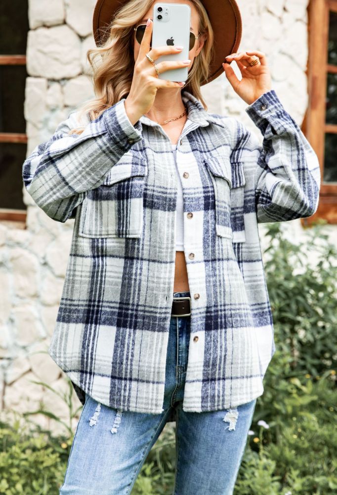 Lapel Check Long Sleeve Casual Single Breasted Blouses & Shirts