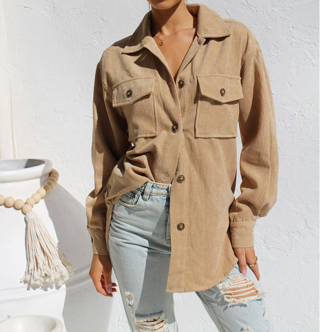 Loose Casual Long Sleeve Corduroy Lapel Solid Blouses & Shirts