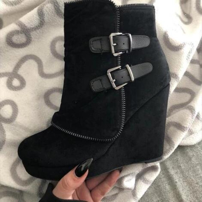Wedge Plus Size Fashion Belt Buckle Round Toe Ankle Boots