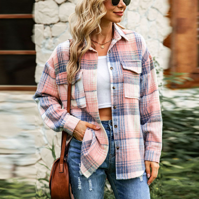 Lapel Check Long Sleeve Casual Single Breasted Blouses & Shirts