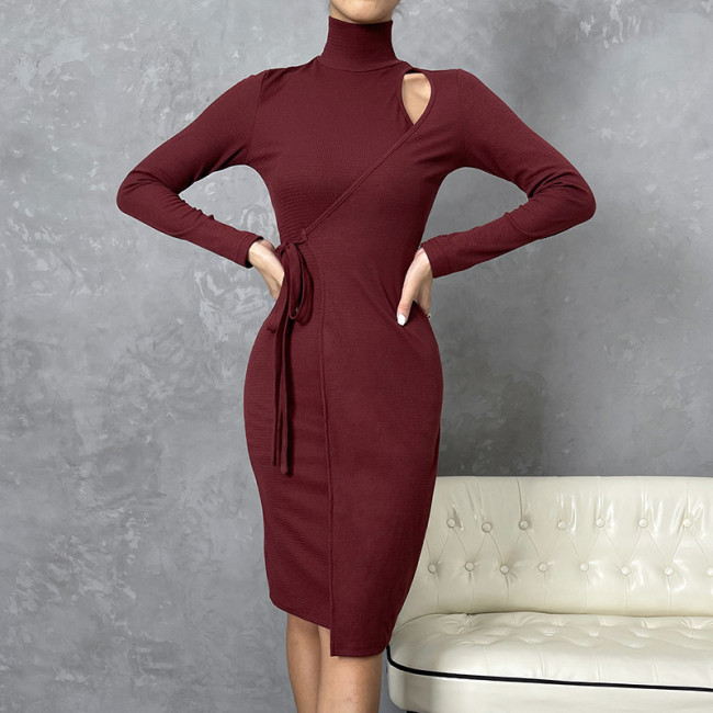 High Neck Long Sleeve Solid Cutout Tie Bodycon Dresses