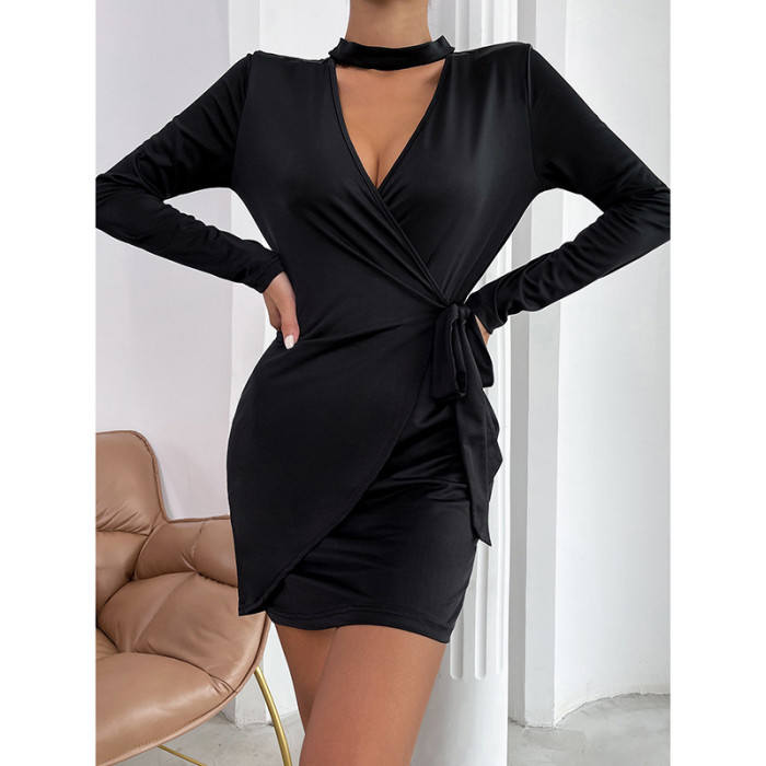 V-Neck Sexy Slim Fit Solid Mid Waist Bodycon Dresses
