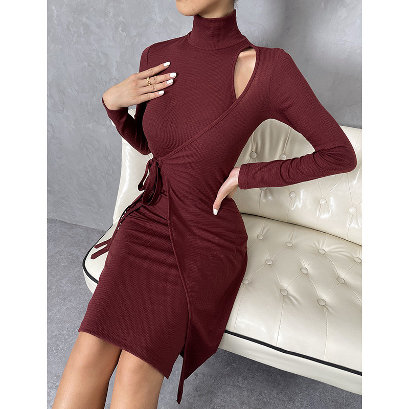 High Neck Long Sleeve Solid Cutout Tie Bodycon Dresses