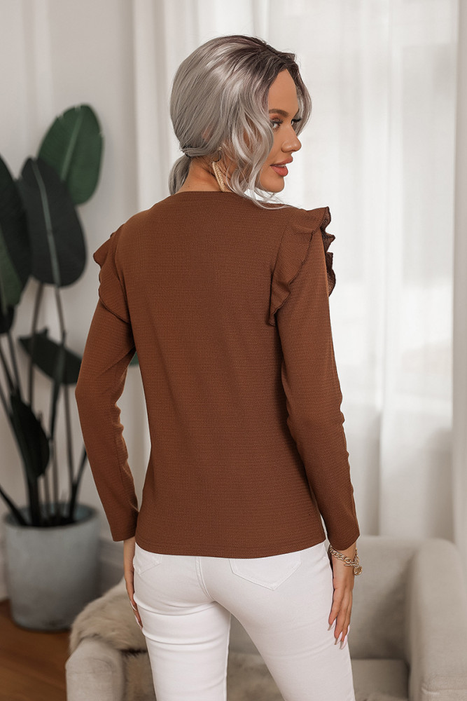 Solid Color Temperament Long-sleeved Fungus Edge Round Neck Slim T-shirts