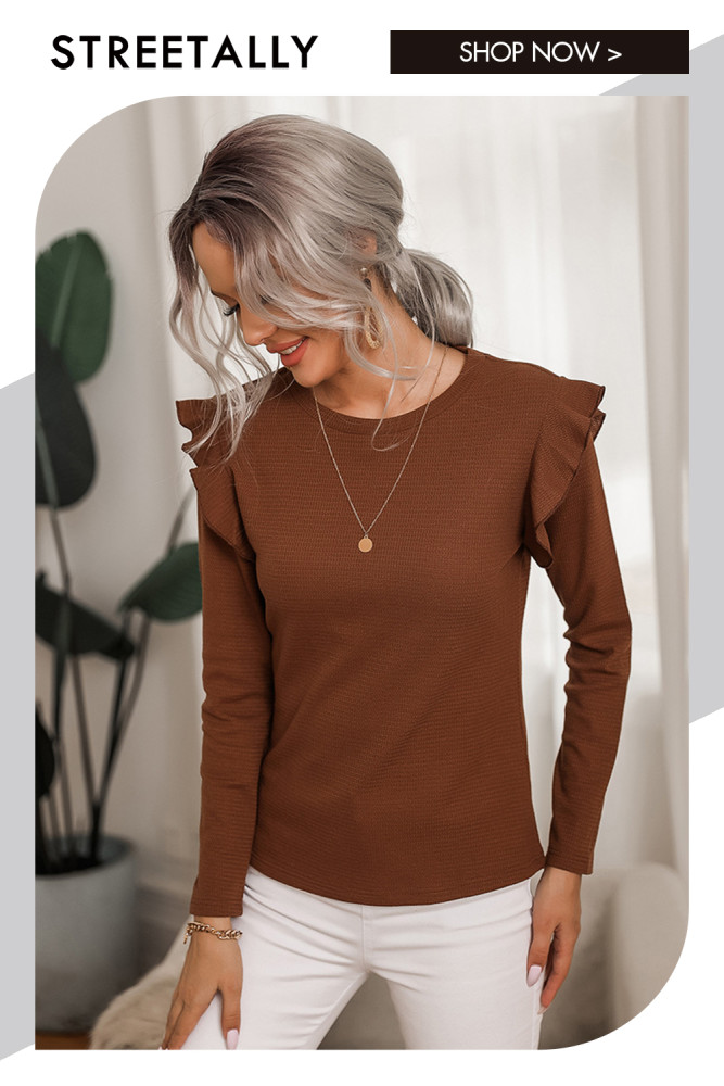Solid Color Temperament Long-sleeved Fungus Edge Round Neck Slim T-shirts