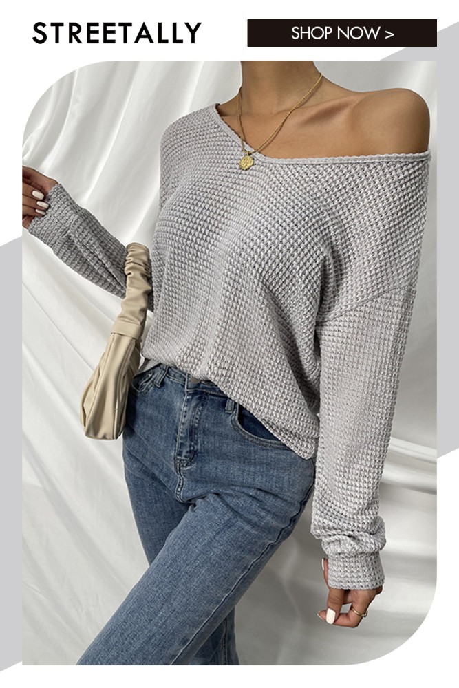 V-Neck Long Sleeve Solid Loose Casual Sweaters & Cardigans