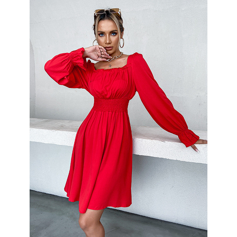 Square Neck Slim Long Sleeves Solid Waist Casual Dresses