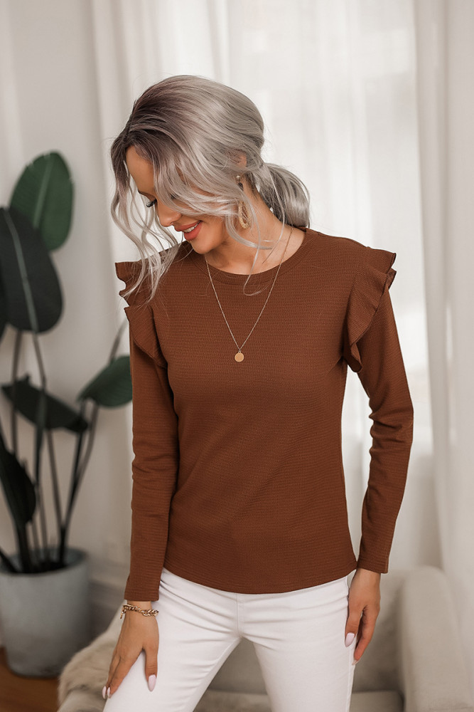 Solid Color Temperament Long-sleeved Fungus Edge Round Neck Slim T-shirts