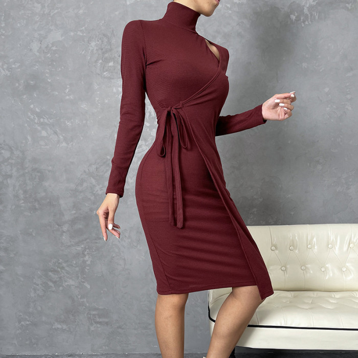 High Neck Long Sleeve Solid Cutout Tie Bodycon Dresses